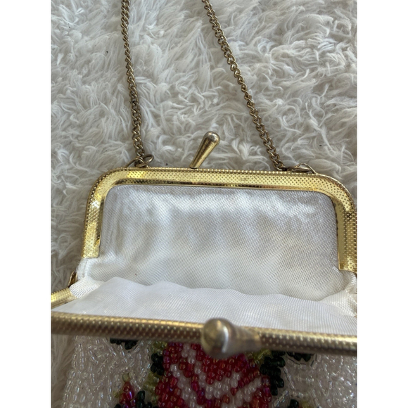 Vintage Floral Hand Beaded Fringe Chain Strap Tiny Seed Evening Purse Flapper - Picture 10 of 16